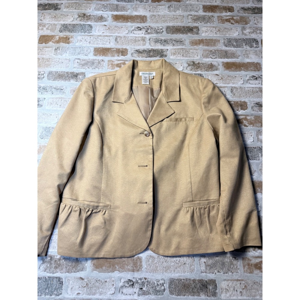 Coldwater Creek Womens Petite PL Tan Faux Suede Blazer Jacket Ruffle Pocke Camel
